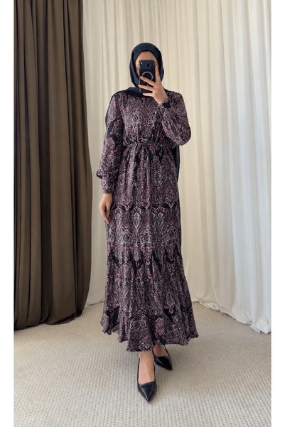 Hepsi Moda Patterned Pleated Dress - 2644 - Burgundy Black