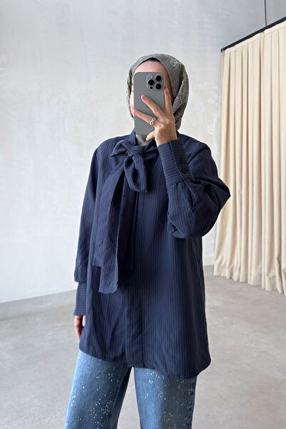Ka Hijab Manşet Detay Fular Yaka Tunik Gömlek - Lacivert