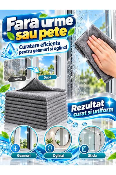 Fabrilux Set 10 lavete din microfibra 30 x 30 cm, reutilizabile, pentru geamuri, oglinzi, mobilier, bucatarie si baie.