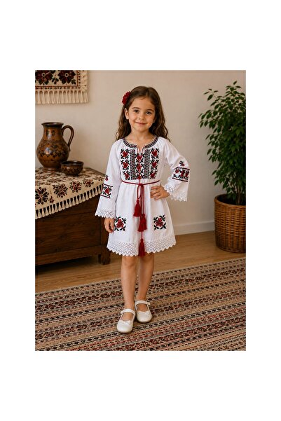 OEM Rochie tradițională pentru fete, roșu geometric, 8 ani