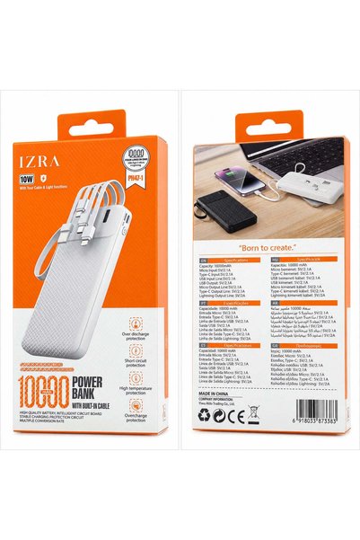 Fashion Wear Μοντέρνο POWER BANK 10 W EZRA ΜΕ ΕΝΣΩΜΑΤΩΜΕΝΟ ΚΑΛΩΔΙΟ