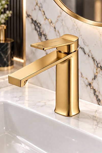KUSTAR Jasper Gold Lavabo Bataryası Tek Kollu Modern Kare Tasarım Banyo Musluğu
