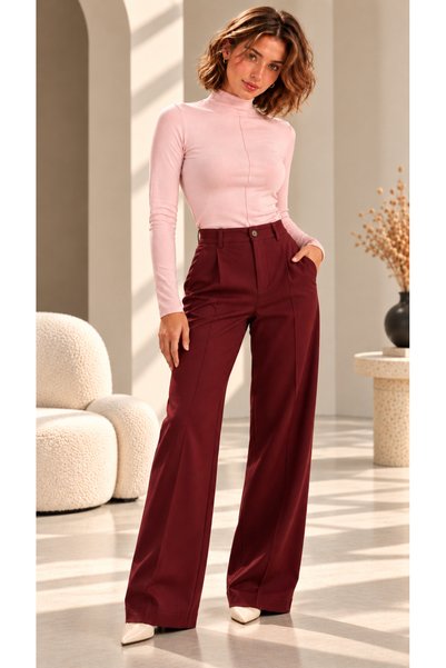 peralist Women's Pink Stand Collar Long Sleeve Modal Ribbed Fabric Blouse with Stitching Detail