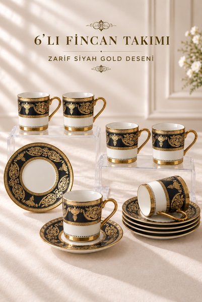 Queen’s Kitchen Şal Desenli Altın Detaylı 6 Kişilik Kahve Fincan Takımı