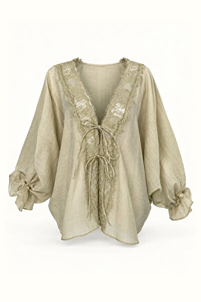 Sezgi Tekin Lace Detail Sage Transparent Voile Shirt