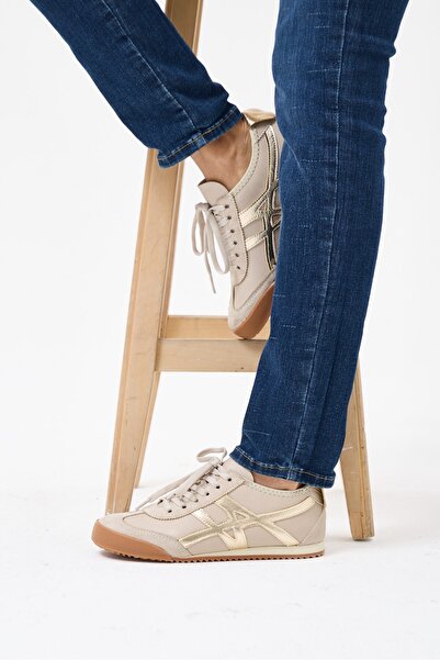 SEFERİ Women's Beige Lace-Up Flat Sole Sneaker Shoes with Gold Cross Detail -...