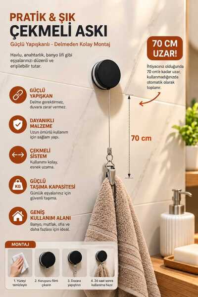 MirzaQ 2 Adet Pratik 70 cm Uzayabilen 3m Yapışkanlı HAVLU Bez Sünger Tutucu Y...