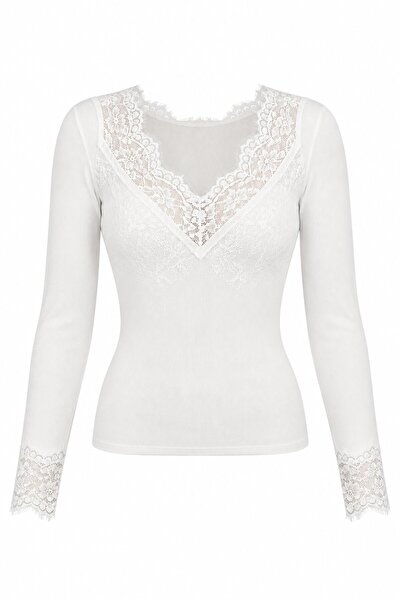 Laluvia Cream Cashmere Textured Lace V-Neck Blouse - 2Y1727