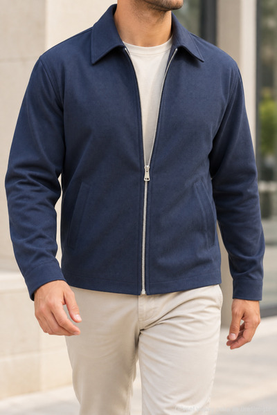 1434 Polo State Men's Diagonal Textured Double Pocket Zipper Jacket - Navy Blue