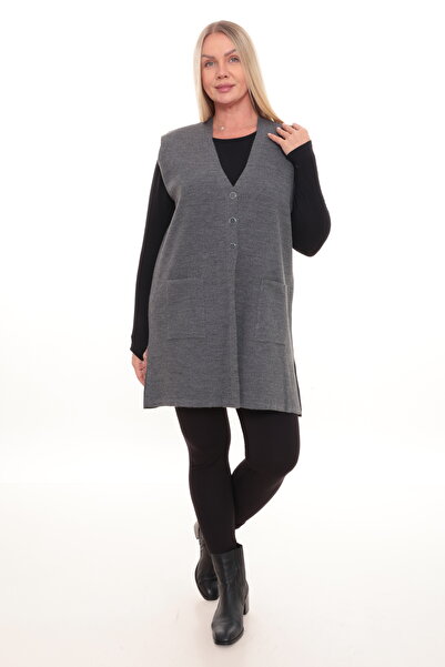 İKSUN Ribbed Steel Knit Buttoned Pocketed Knitwear Winter Thick Midi Length M...