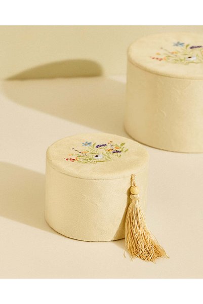 REDTAG Beige Embroidered Decorative Box with Tassel - 12 cm