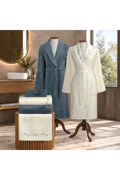 ALTINBAŞAK TEKSTİL Livia bamboo embroidered family bathrobe set ecru/indigo m...