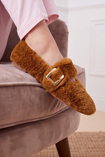 NAVİSHOES أحذية منزلية نسائية من القطيفة - أحذية باليه بإبزيم ذهبي 01NAV