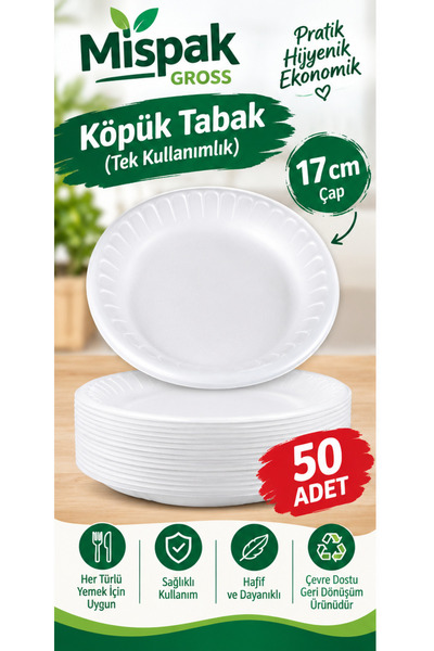 mispak 50 Adet 17 cm Kullan At Köpük Tabak Küçük Boy ( Cep Telefonu Boyutunda...