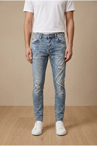 OEM Blugi barbati casual regular fit prespalati cu rupturi si uzura controlat...