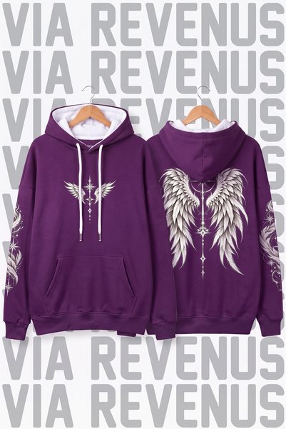 Vordevia Winged Printed Unisex Wide Fit Plum Hooded Hoodie Sweatshirt