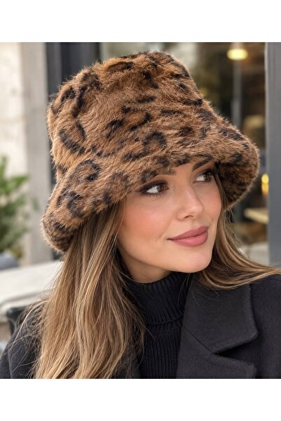 ZS Aksesuar Women's Leopard Pattern Plush Bucket Hat Winter Soft Textured Fis...