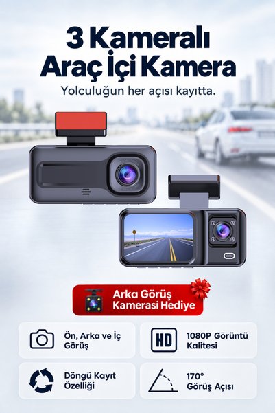 HARVOX Araç İçi Hd Kamera 3 Kameralı Wifi Özellikli 1080P Full Hd Gece Görüşl...