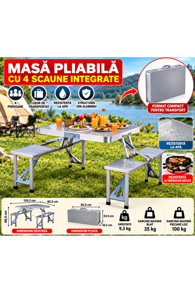 Generic Brand Folding camping table with 4 integrated chairs, aluminum, porta...