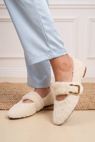 NAVİSHOES White Women's Plush Home Shoes - Gold Buckle Ballerina Slippers 01Nav