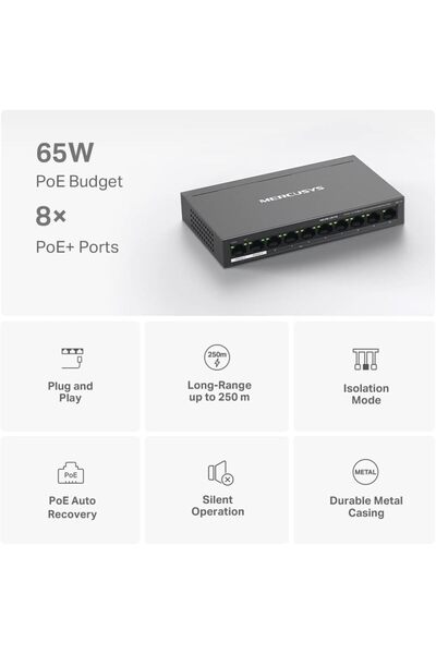 S moda MS110P, 10-Port 10/100Mbps Desktop Switch with 8-Port PoE+