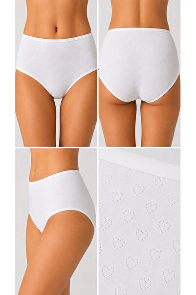 KAİZEN Women's White Heart Patterned Crochet Panties Turkish Made 6 Pcs
