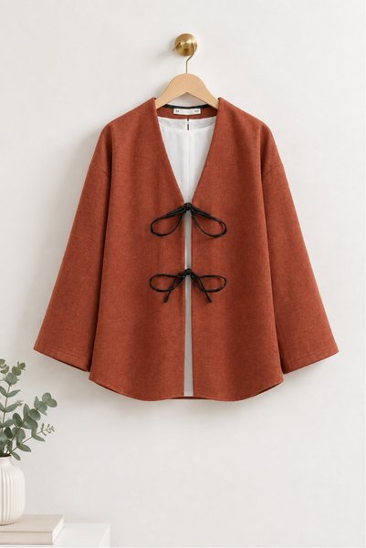 bellura Bağcıklı Oval Kesim Yakasız Kalça Boyu Tesettür Kaşe Kimono - Kiremit