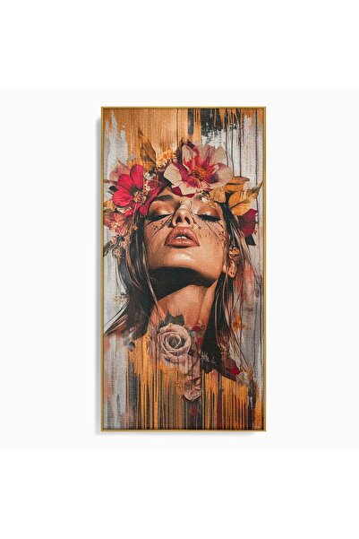 Luxcanva Tablou Canvas Muza Boema 50x100 cm cu Rama Auriu Floare Feminitate C...