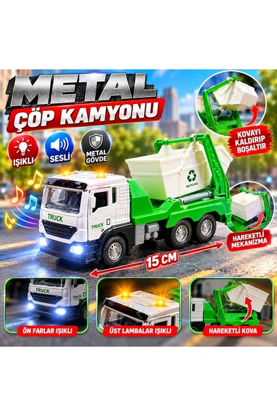 TRUST STORE Metal Işıklı Sesli Çöp Kamyonu 15 cm Hareketli Kovalı Oyuncak Kamyon