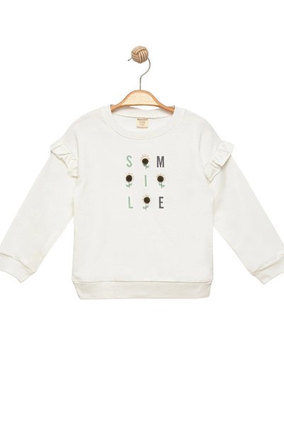 Divonette Girl's Ecru Long Sleeve Pompom Sweatshirt - Basic Comfortable Sweatshirt with Text Pattern