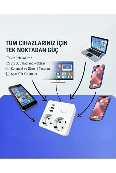 lstri 2'li Çoklu Priz 2 USB + 1 Type-C Kısa Devre Akım Korumalı Topraklı Şarj Fiş Priz USB-A ve USB-C Girişli 2500W Akıllı Masaüstü Çoklu Priz / Topraklı Grup Priz