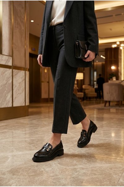 Seles Mod Siyah Rugan Metal Tokalı Loafer - Rahat Kalın Taban Kadın Ayakkabı