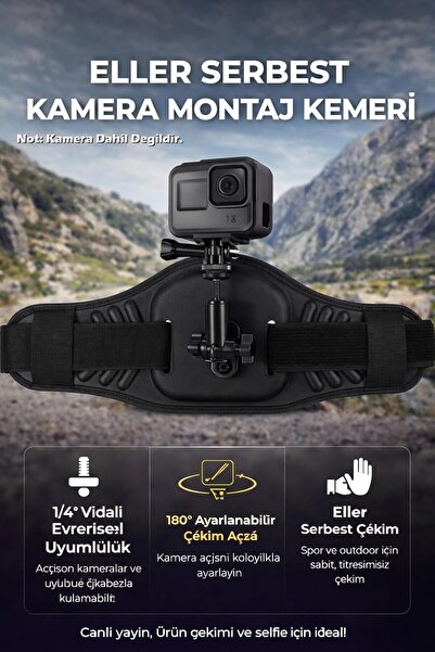 Aksiyon Kamera Bel Kemeri, Extreme Sporlar,Bisiklet,Gezi,Vlog,Şehir içi, 1/4” Vida, 180° Ayarlanabil