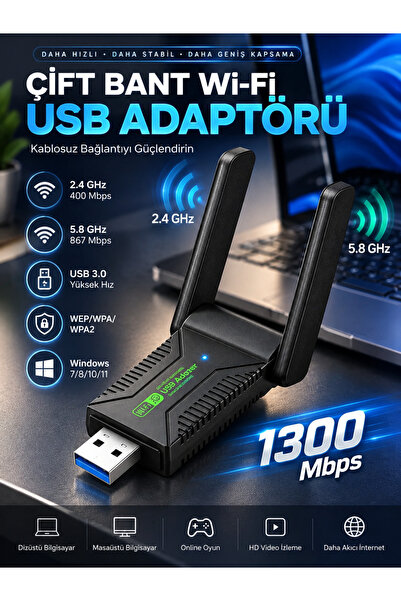 asua 1300 Mbps Çift Bant USB WiFi Adaptörü 2.4 GHz 5.8 GHz Çift Antenli USB 3...