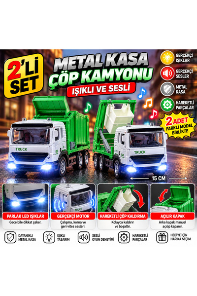 TRUST STORE Metal Çöp Kamyonu 2’li Set 15 cm Işıklı Sesli Hareketli Kovalı Oy...