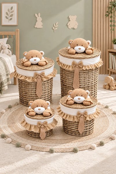 Tutku Home Kurdele Bear-4'lü Bezli Hasır Sepet