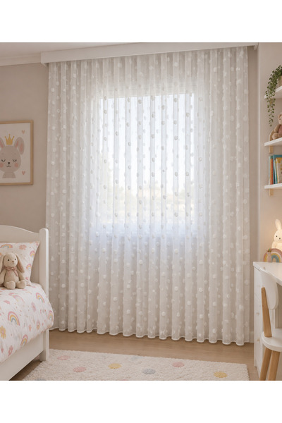 Perdenin Adresi White Pompom Linen Look Wrinkle-Resistant Pleated Tulle Curtain Children's Room Tulle Curtain