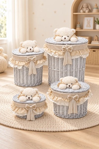 Tutku Home Beyaz - Krem Hasır Sepet Bear-4'lü Bezli Oval Hasır Sepet