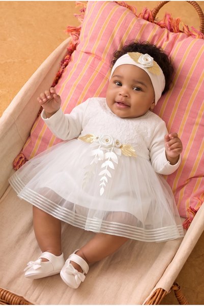 Rocha Baby Baby Girl Floral Detailed Tulle Dress with Inner Bodysuit, Shoes a...