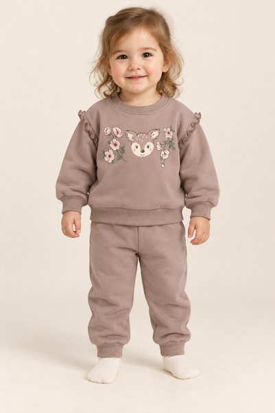 Baskılı Fırfır Detaylı Kız Bebek Sweatshirt Pantolon İkili Takım