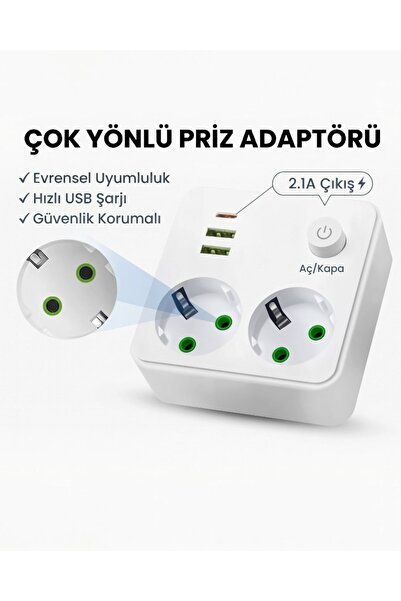 lstri 2'li Çoklu Priz 2 USB + 1 Type-C Kısa Devre Akım Korumalı Topraklı Şarj...
