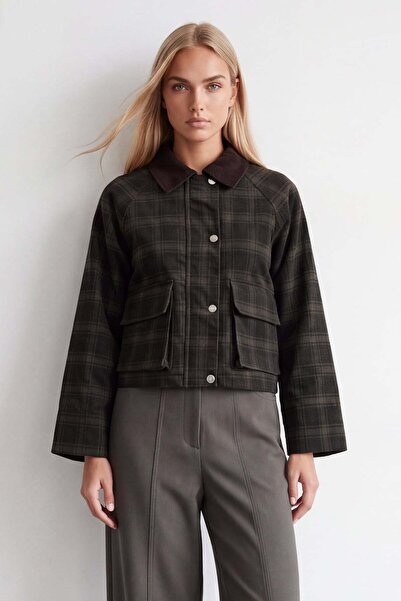 Trend Alaçatı Stili Women's Khaki Zippered and Citcit-Closed Plaid Jacket Alc...