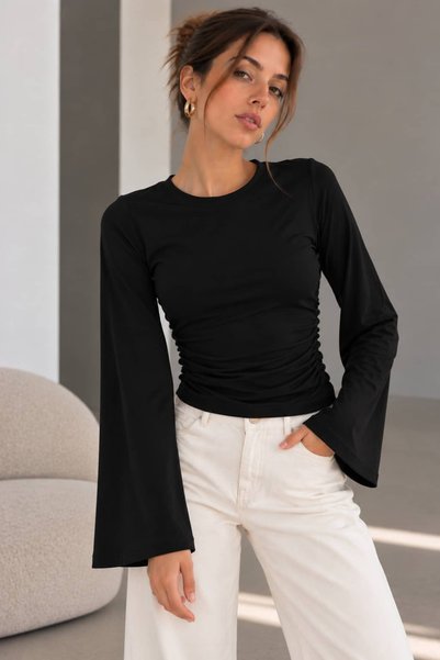 bb butik basic Γυναικεία μπλούζα με σούρες στο πλάι και ισπανικά μανίκια MY3535