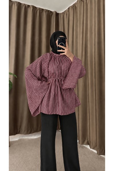 Hepsi Moda İspanyol Kol Çizgili Oversize Tunik - Vişne ( ÖS )