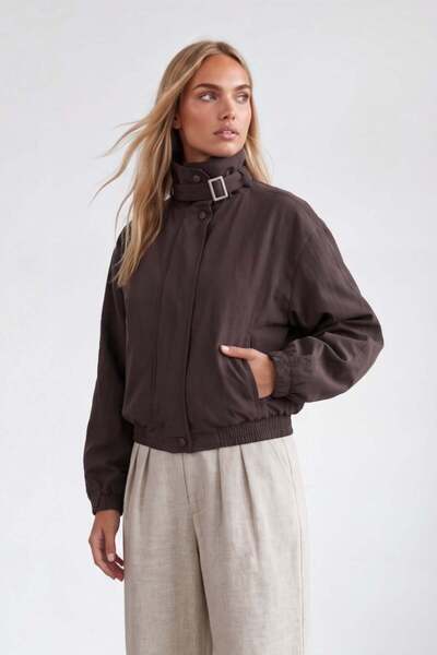 Trend Alaçatı Stili Women's Brown High Collar Lined Loose Fit Bomber Jacket A...