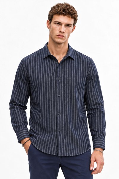 VENA Erkek Regular Fit Çizgili Gömlek-Indigo