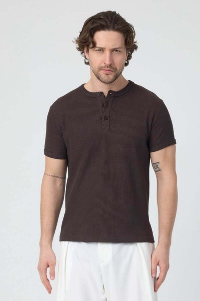 NGR Men's Ribbed Interlock Collar Buttoned Tshirt Brown Color