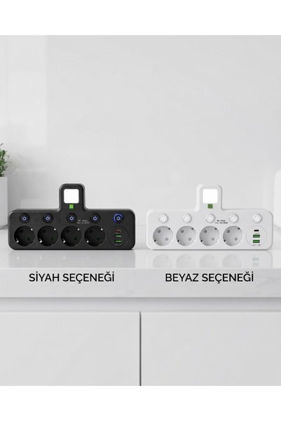 lstri USB & Type-C Şarjlı, Gece Lambalı ve Bireysel Anahtarlı 4'lü Priz, 10A 2500W Koruyucu Çoklayıcı Priz