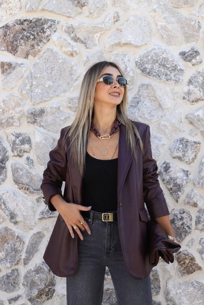 bytugcekaya Bordo Düğme Detay Deri Blazer
