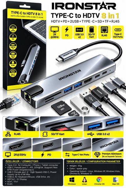 IRONSTAR Type-C çoklayıcı / Type-C hub / Type-C HDMI dönüştürücü / Type-C HDM...